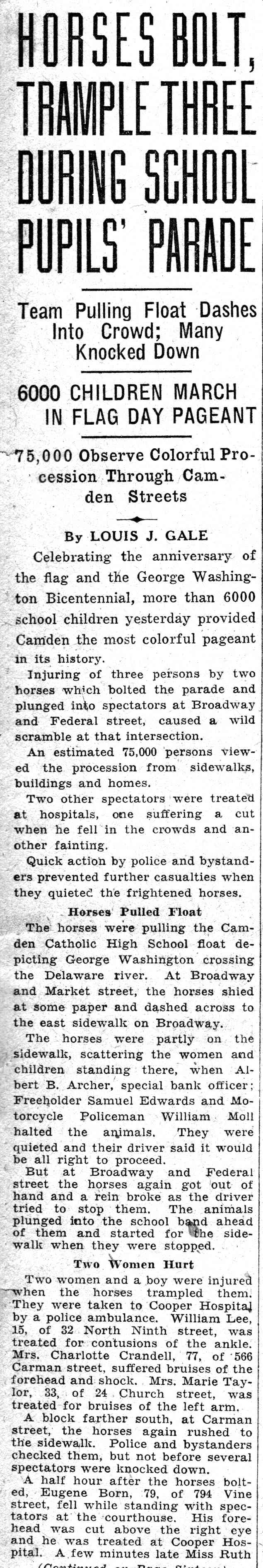 Camden Courier-Post, June 15, 1932 — Horses Bolt article text