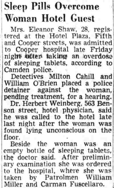Sleep Pills Overcome Woman Hotel Guest, Camden Courier-Post, August 12, 1950