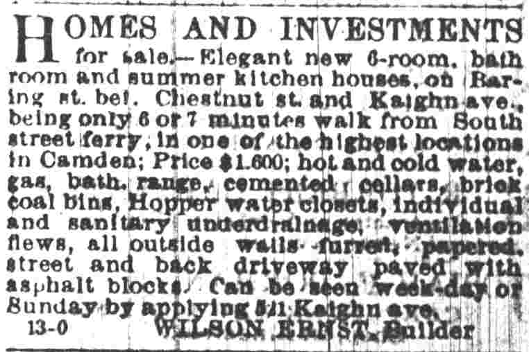 Wilson Ernst real estate advertisement, Camden Post, February 26, 1888