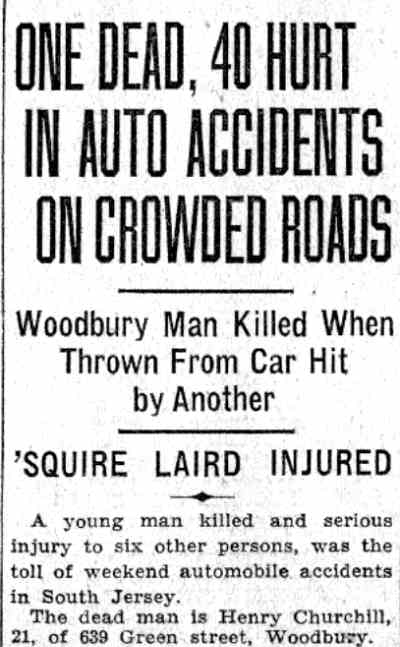 Camden Courier-Post article: One Dead, 40 Hurt in Auto Accidents on Crowded Roads, June 6, 1932, page 1