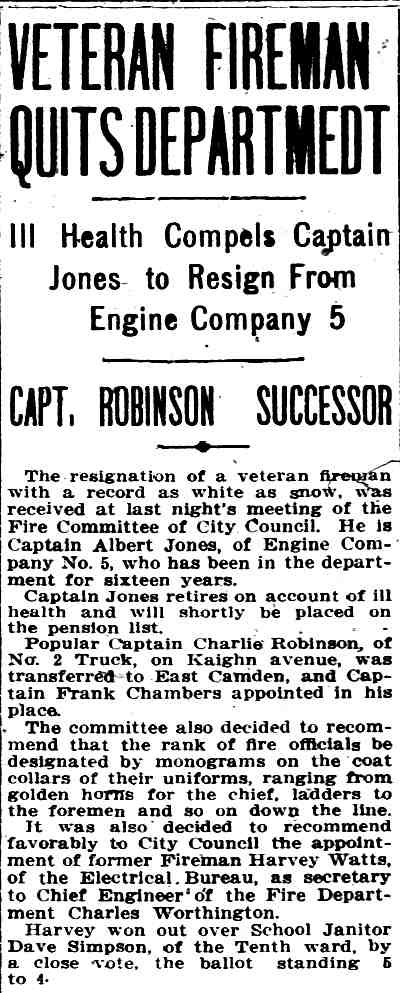 Captain Albert C. Jones resignation article, Camden Daily Courier, January 13, 1914