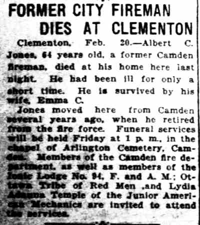 Albert C. Jones obituary, Camden Daily Courier, February 20, 1924