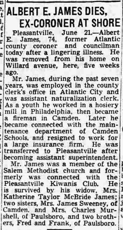 Camden Courier-Post obituary for Albert E. James, June 22, 1940