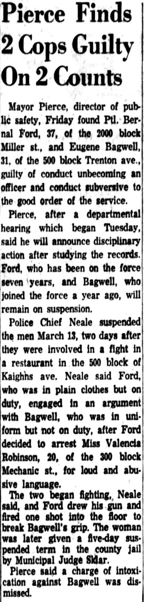 Newspaper article: Pierce Finds 2 Cops Guilty On 2 Counts, April 1967