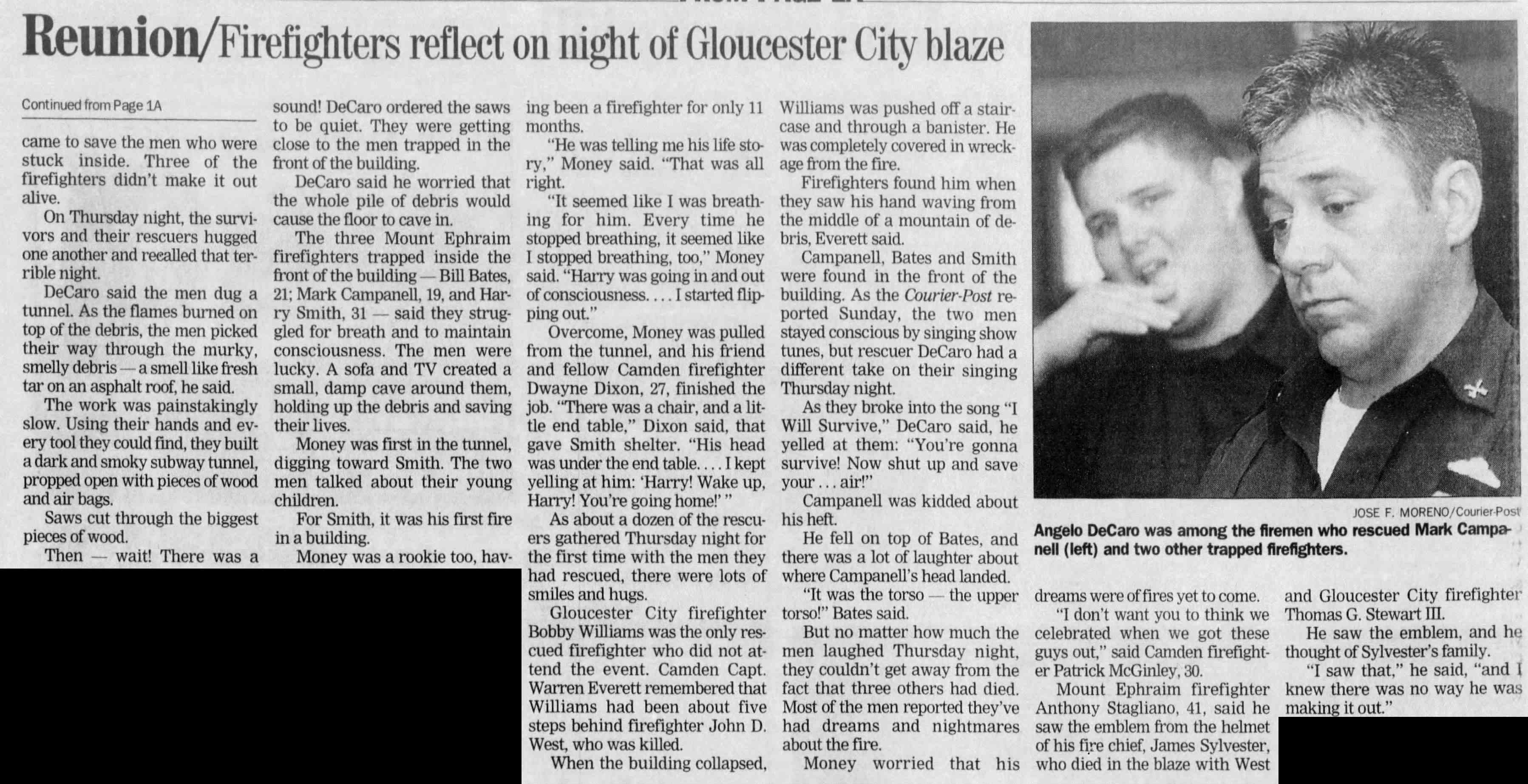 Reunion: Firefighters reflect on night of Gloucester City blaze, Camden Courier-Post, July 19, 2002
