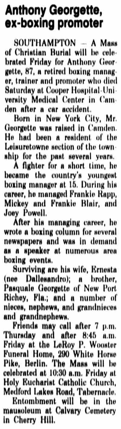 Anthony Georgette ex-boxing promoter obituary, Camden Courier-Post July 14 1993