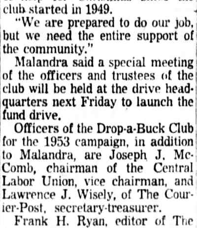 Drop-a-Buck Club Organizes Drive To Aid Needy Families at Christmas - Camden Courier-Post, November 6, 1953