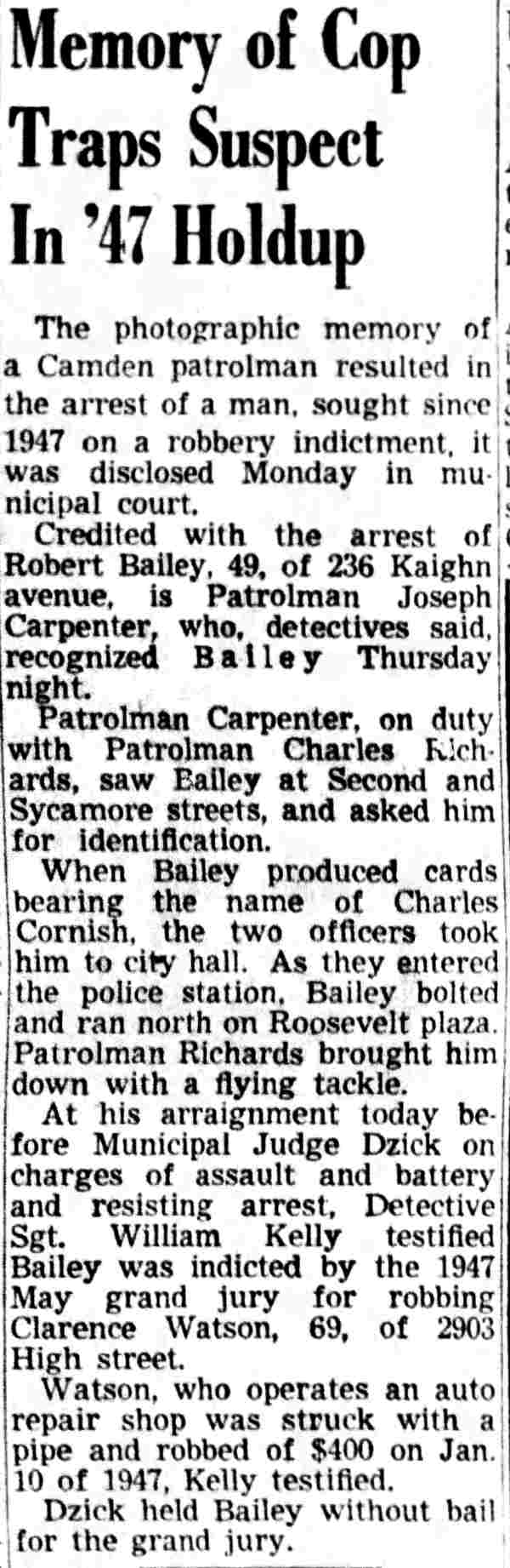 Camden Courier-Post, November 6, 1951 — Memory of Cop Traps Suspect (part 1)