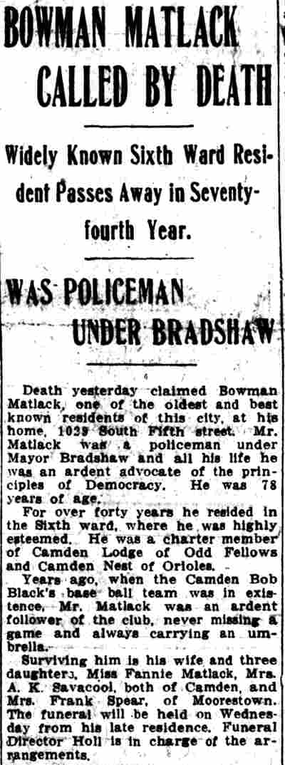 Obituary notice for Bowman Matlack, part 1
