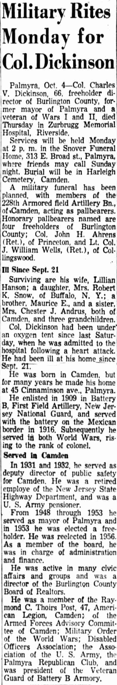 Camden Courier-Post, October 1957 — Charles V. Dickinson obituary