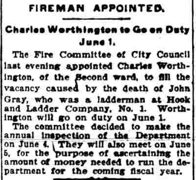 Fireman Appointed — Charles Worthington to Go on Duty June 1, Post-Telegram, May 23, 1902