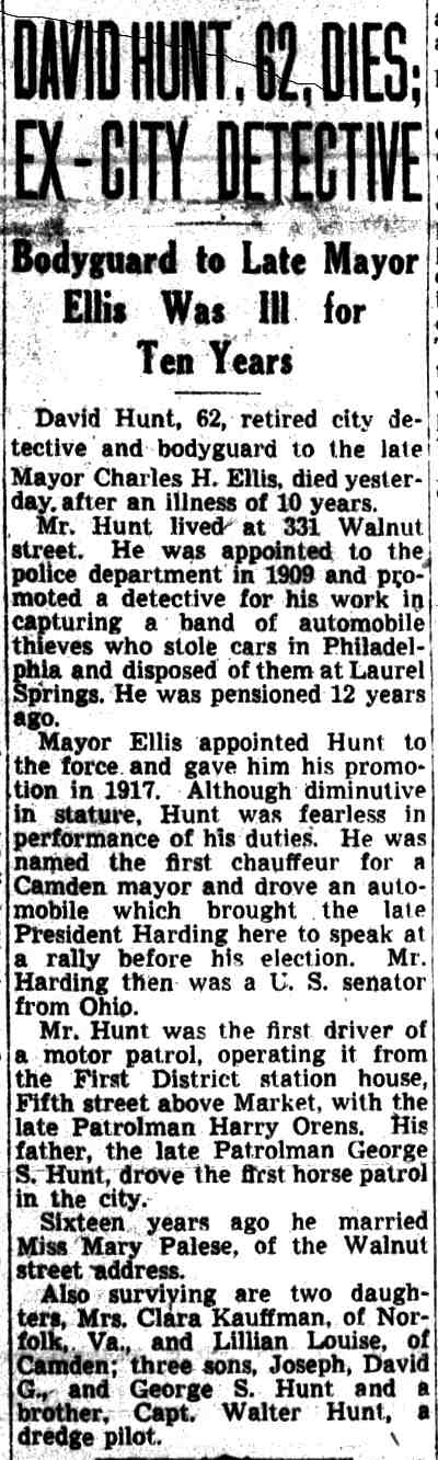 Camden Courier-Post, December 8, 1943 — David Hunt, 62, Dies; Ex-City Detective