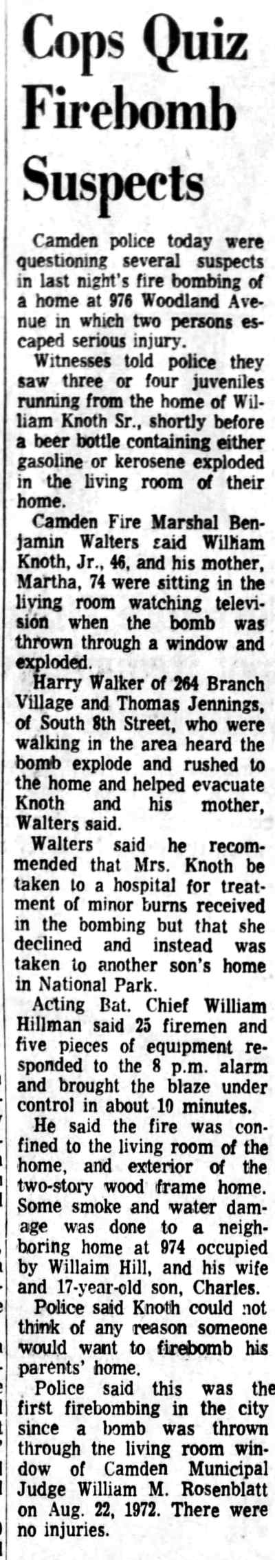 Camden Courier-Post, January 28, 1974 — Cops Quiz Firebomb Suspects