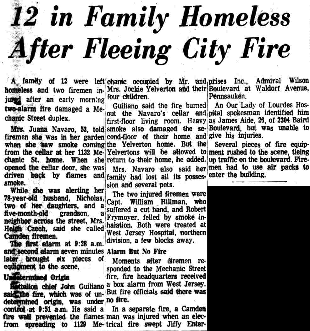 Camden Courier-Post, May 18, 1972 — 12 in Family Homeless After Fleeing City Fire, article