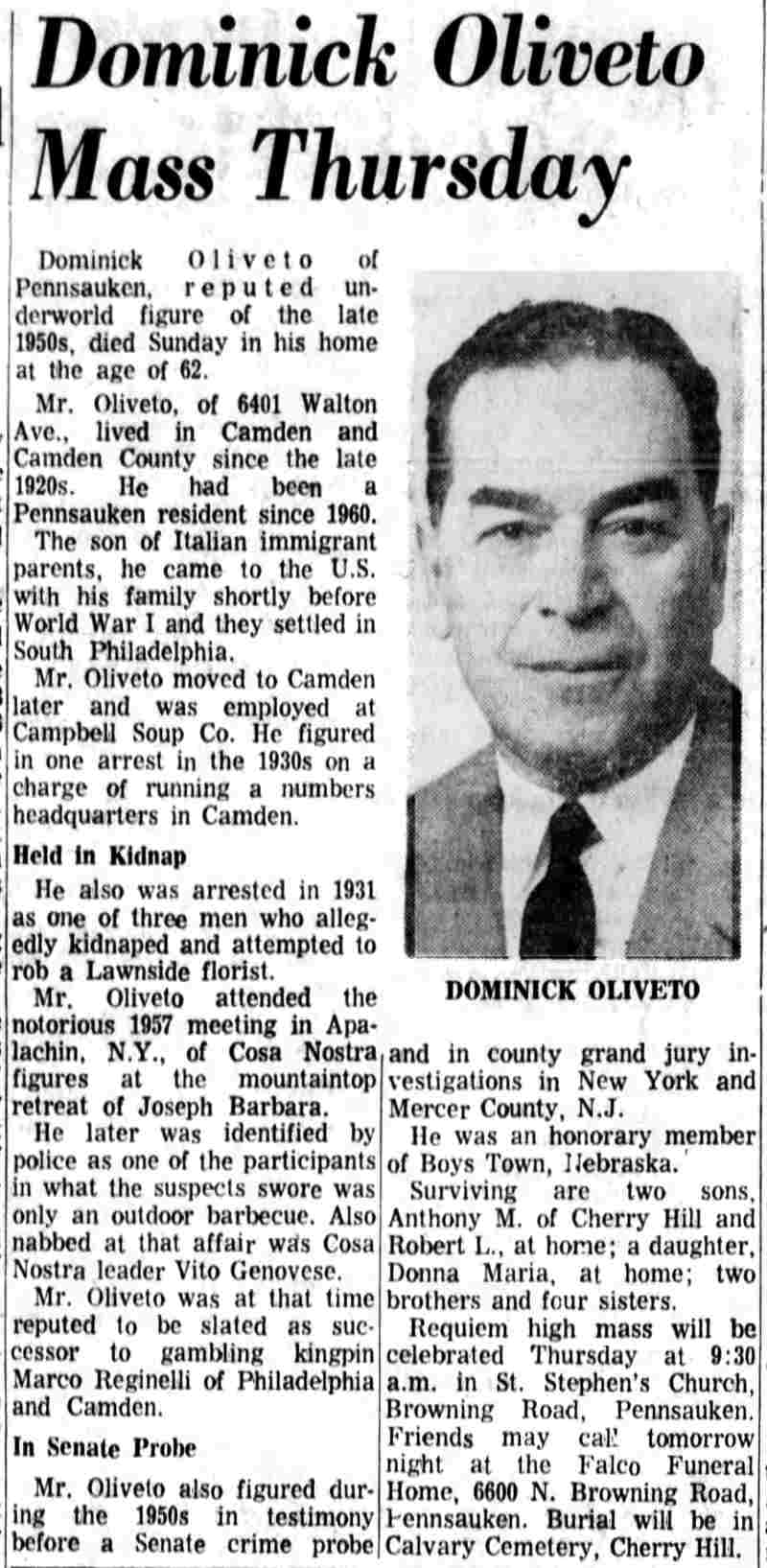 Camden Courier-Post, January 28, 1969 — Dominick Oliveto Mass Thursday