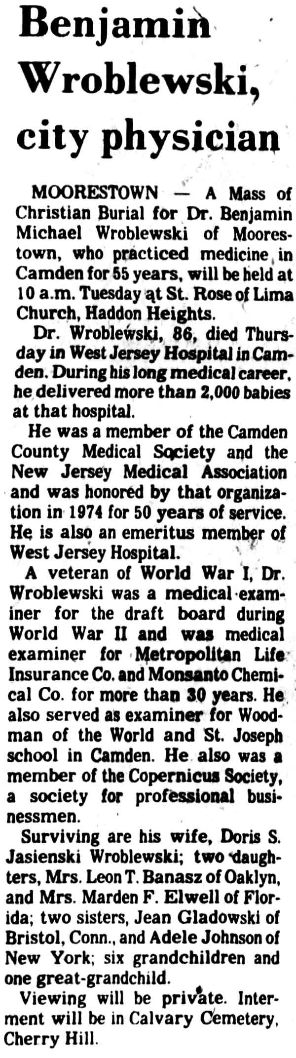 Obituary for Dr. Benjamin M. Wroblewski, Camden Courier-Post, December 15, 1979