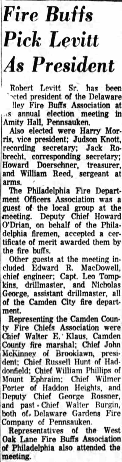 Fire Buffs Pick Levitt As President - Camden Courier-Post January 4, 1962
