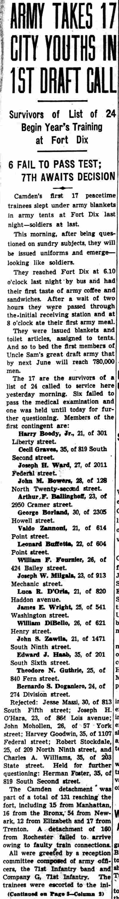 Army Takes 17 City Youths In 1st Draft Call — Camden Courier-Post, November 26, 1940