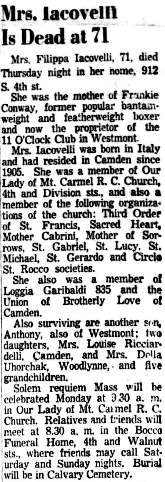 Camden Courier-Post, November 6, 1953, Frankie Conway article