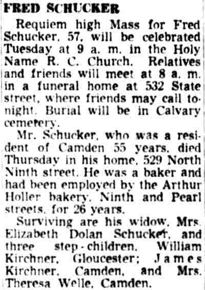 Fred Schucker obituary, Camden Courier-Post, January 7, 1952