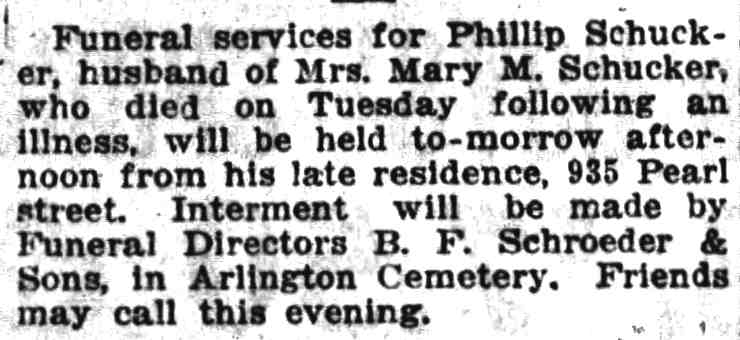 Phillip Schucker funeral notice, Camden Post-Telegram, April 4, 1918