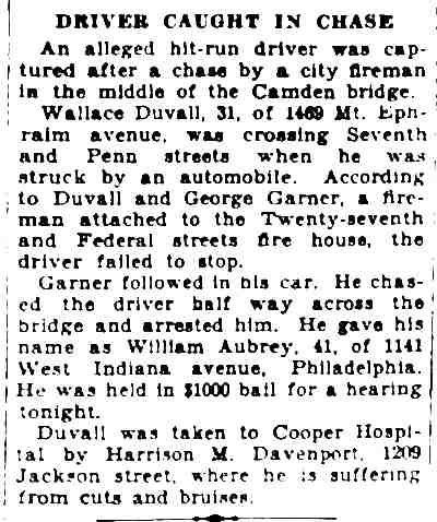 1930 Courier-Post article about Harrison M. Davenport of 1209 Jackson Street taking an injured man to Cooper Hospital