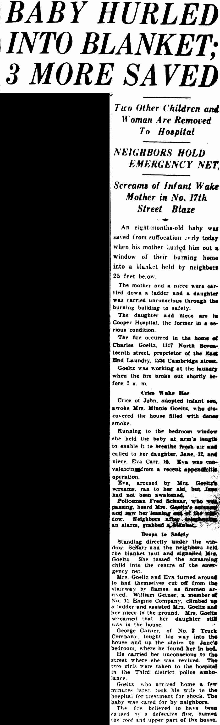 Baby Hurled Into Blanket; 3 More Saved — Camden Courier-Post March 24, 1932