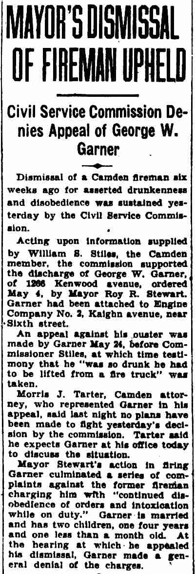 Camden Courier-Post, June 14, 1934 — Mayor's Dismissal of Fireman Upheld