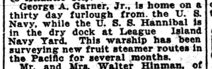 Camden Daily Courier, October 18, 1922 — George A. Garner Jr. home on furlough from U.S.S. Hannibal