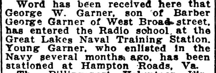 Camden Daily Courier, October 31, 1921 — George W. Garner enters Radio school at Great Lakes Naval Training Station