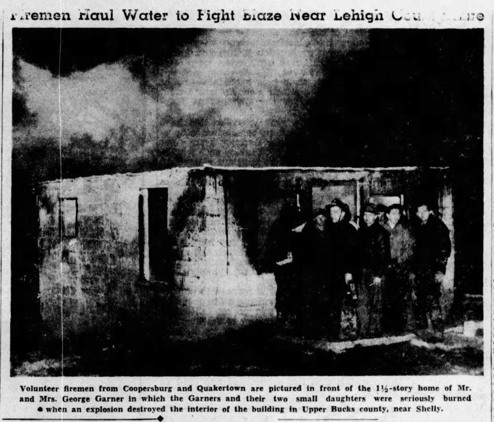 The Morning Call, December 28, 1943 — photo of burned Garner home with volunteer firemen from Coopersburg and Quakertown