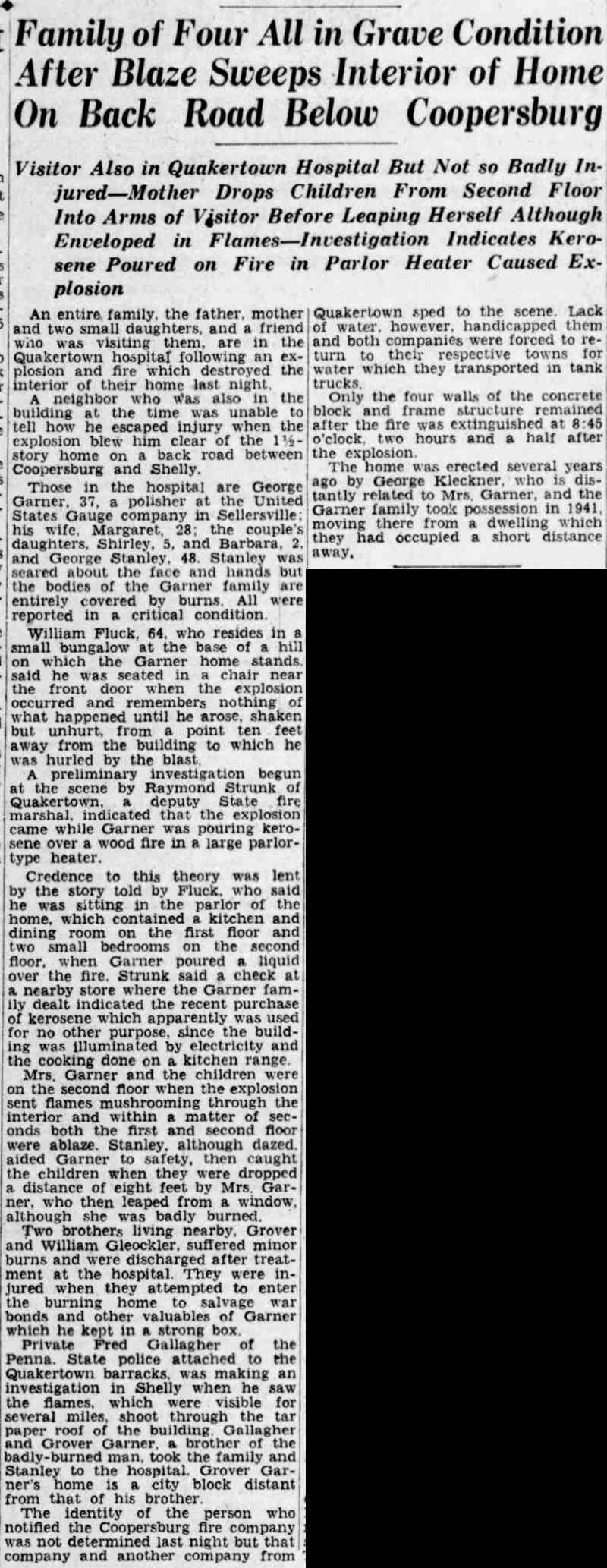 The Morning Call, December 28, 1943 — Family of Four All in Grave Condition After Blaze Sweeps Interior of Home