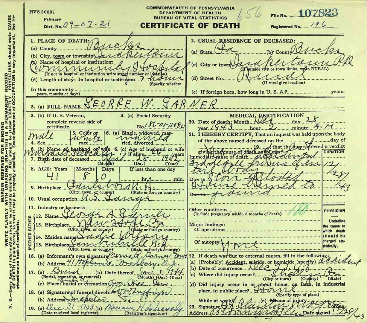 Commonwealth of Pennsylvania Certificate of Death for George W. Garner, December 28, 1943