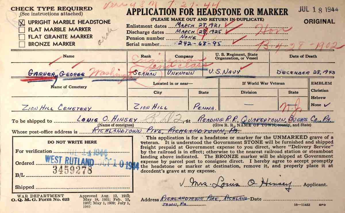 U.S. Department of War Application for Headstone or Marker for George W. Garner