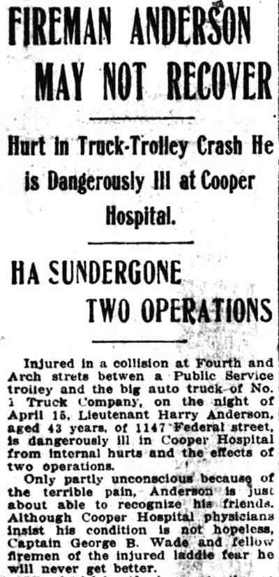 Camden Post-Telegram, May 3, 1916 — Fireman Anderson May Not Recover, page 1