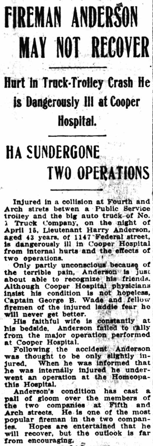 Camden Post-Telegram, May 3, 1916 — Fireman Anderson May Not Recover