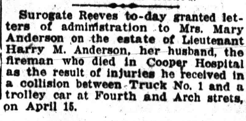 Camden Post-Telegram, May 11, 1916 — estate administration notice for Lieutenant Harry M. Anderson