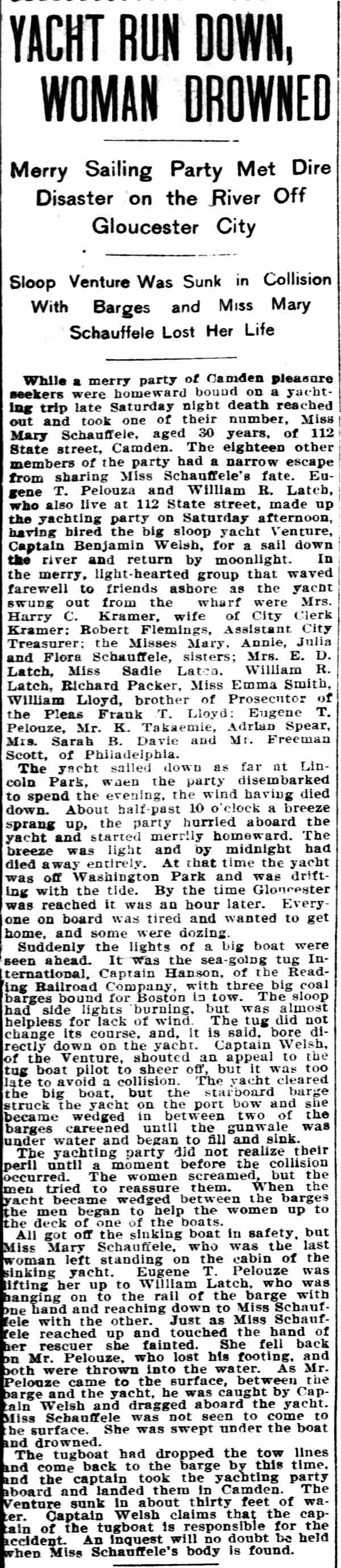 Yacht Run Down, Woman Drowned, Philadelphia Inquirer, July 16, 1900
