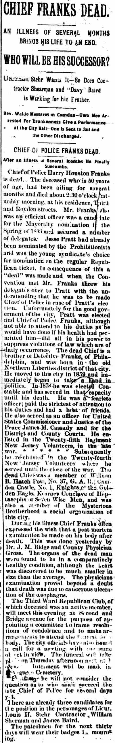 Camden Daily Telegram, January 3, 1887 — Chief Franks Dead, noting Contractor William Sherman as candidate for successor