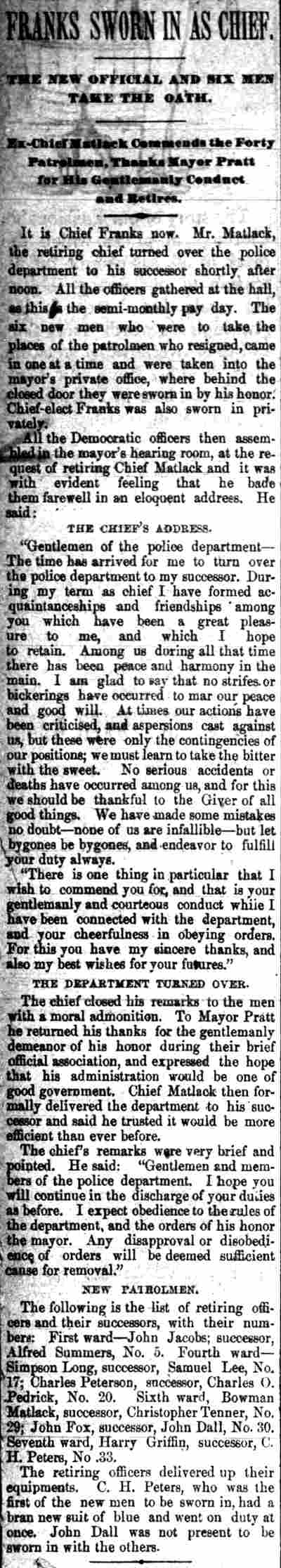 Camden Daily Courier, April 1, 1886 — Franks Sworn in as Chief