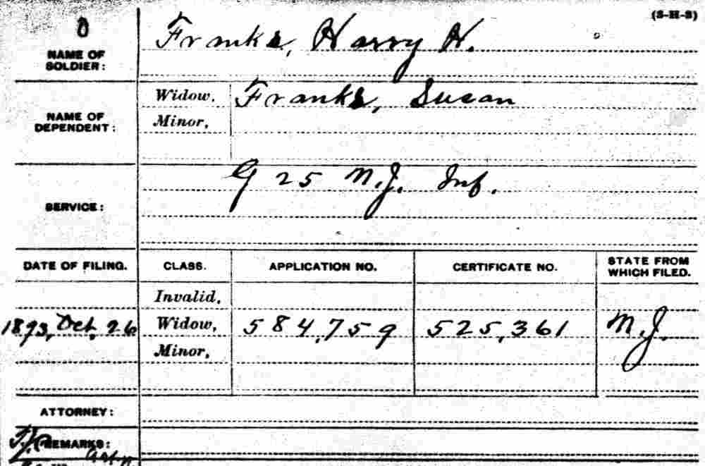Civil War Pension Record for Harry H. Franks — widow Susan Franks, Company G, 25th N.J. Infantry