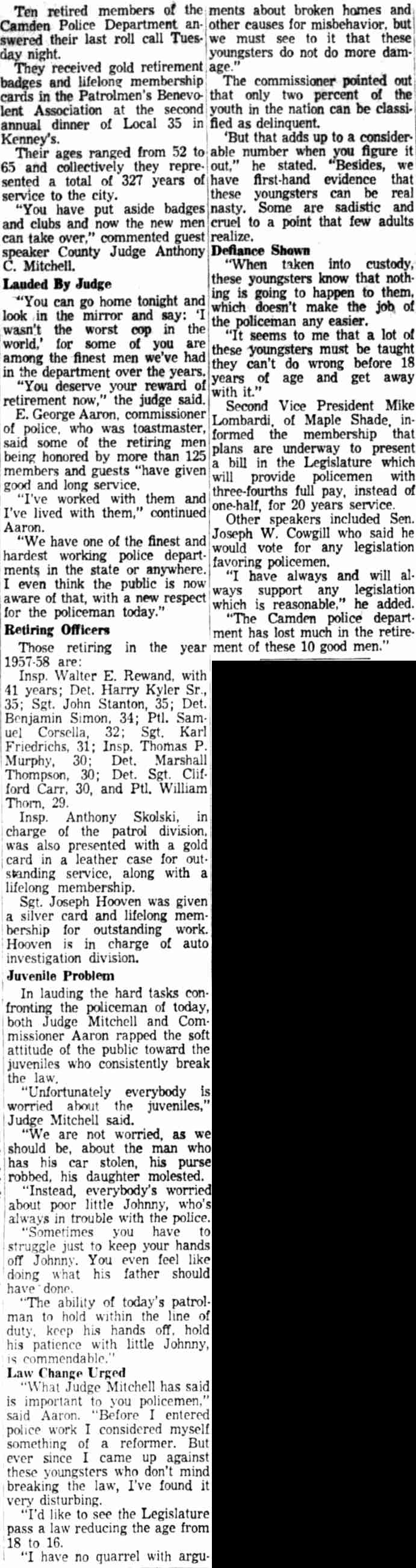 Camden Courier-Post, May 7, 1958 — Ten Retired Camden Policemen Praised, Receive Gold Badges