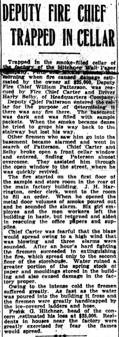 Camden Post-Telegram clipping, February 19, 1919 — Deputy Fire Chief Trapped in Cellar at Hitchner Wall Paper Company fire