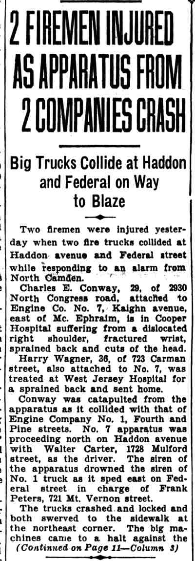 2 Firemen Injured as Apparatus from 2 Companies Crash, Camden Courier-Post, September 14, 1936