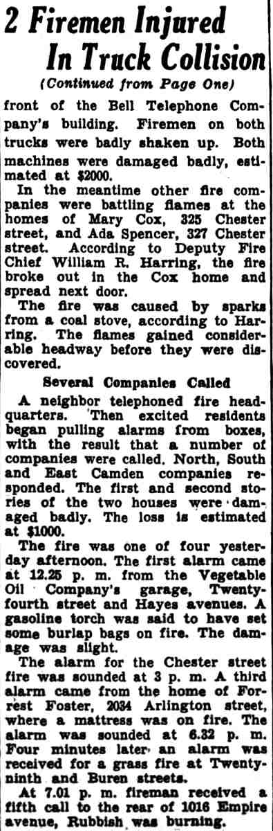 2 Firemen Injured in Truck Collision, continued, Camden Courier-Post, September 14, 1936