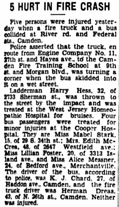 Philadelphia Inquirer, October 27, 1934 — 5 Hurt in Fire Crash