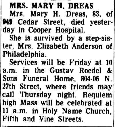 Camden Courier-Post, November 8, 1966 — Mrs. Mary H. Dreas obituary, 949 Cedar Street