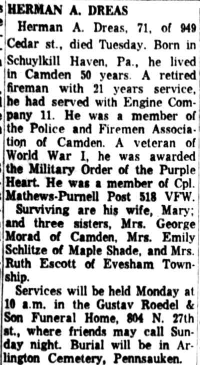 Camden Courier-Post obituary for Herman A. Dreas, November 23, 1961