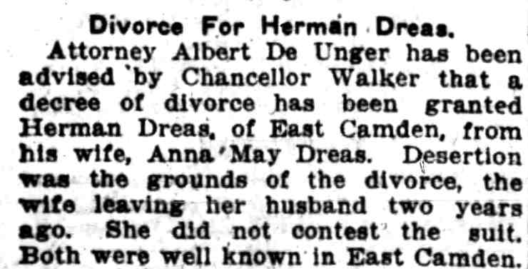 Camden Post-Telegram clipping: Divorce For Herman Dreas