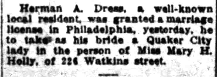 Camden Post-Telegram clipping: Herman A. Dreas marriage license